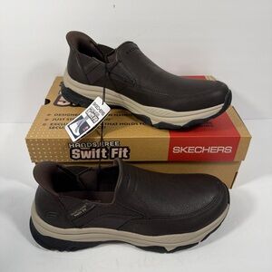 NIB Skechers Hands Free Swift Fit Izaiah Brown Leather Mens 11 Slip Ons Casual